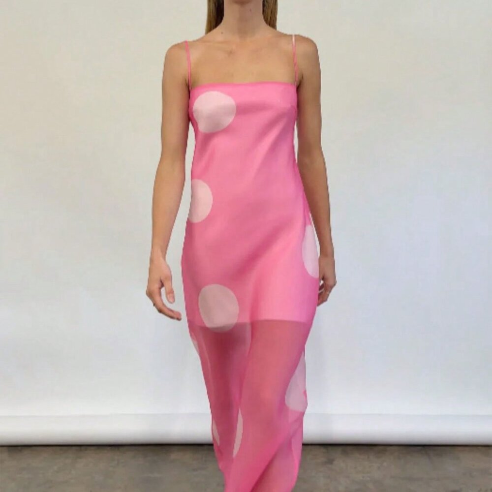 Pink Casual Women's Long Dot Print Mesh Spaghetti Strap Cami Sleeveless Dress